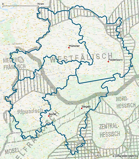 Das DMW-Gebiet - Areale Verteilung (Grundkarte nach Wiesinger 1983, (c) REDE)