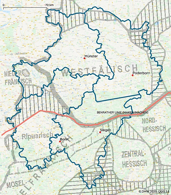 Das DMW-Gebiet – Areale Verteilung mit Benrather Linie (Grundkarte nach Wiesinger 1983, © REDE)